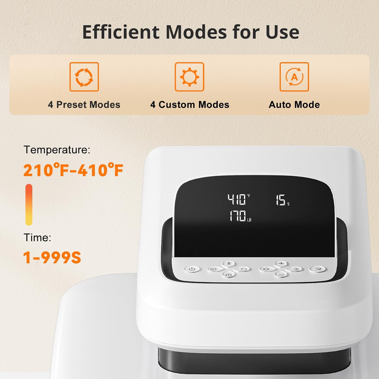 Digital temperature control device with preset and custom modes on a beige background