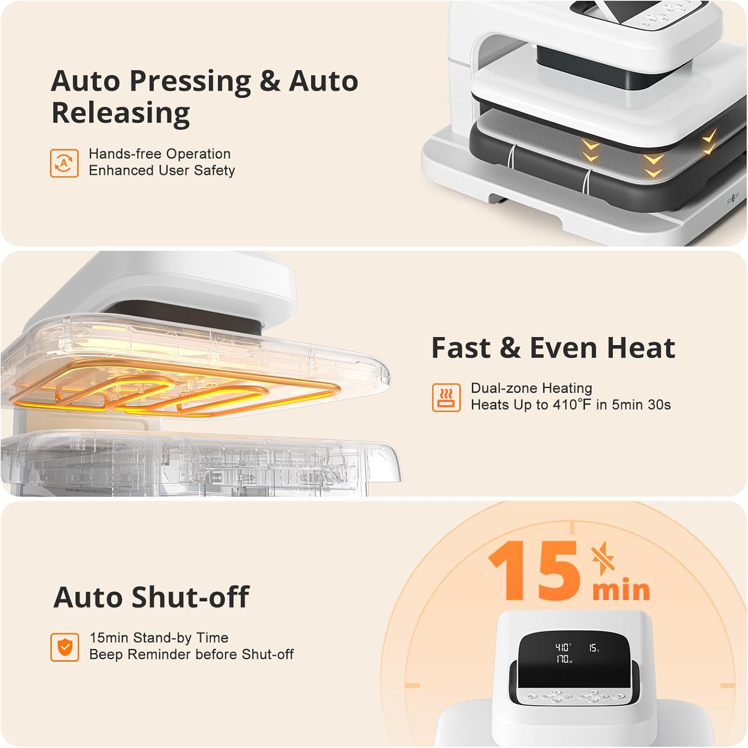 Product with features like auto pressing, releasing, fast even heat, and auto shut-off on a beige background.