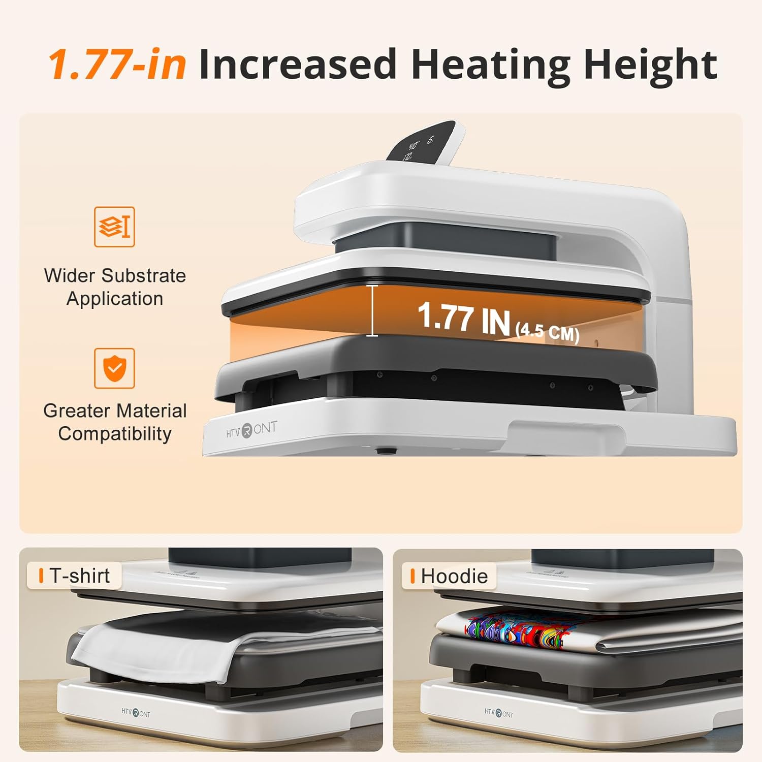 Heat press machine with increased heating height feature and applications on t-shirt and hoodie.