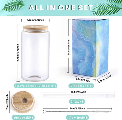 Sublimation Clear Glass Blanks with Bamboo Lid - 16oz 4 Pack