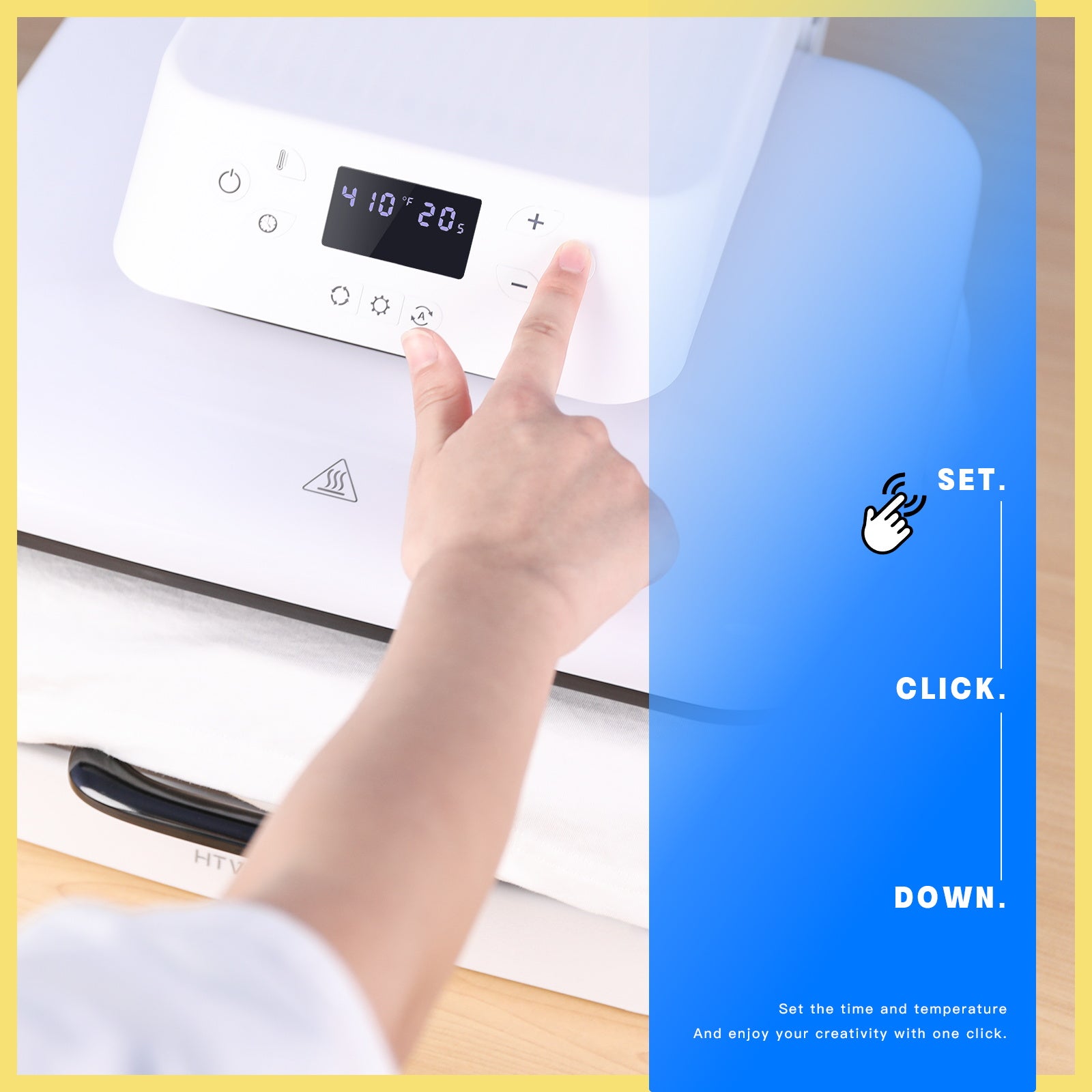 Hand setting a digital clock with text 'Set. Click. Down.' on a blue background