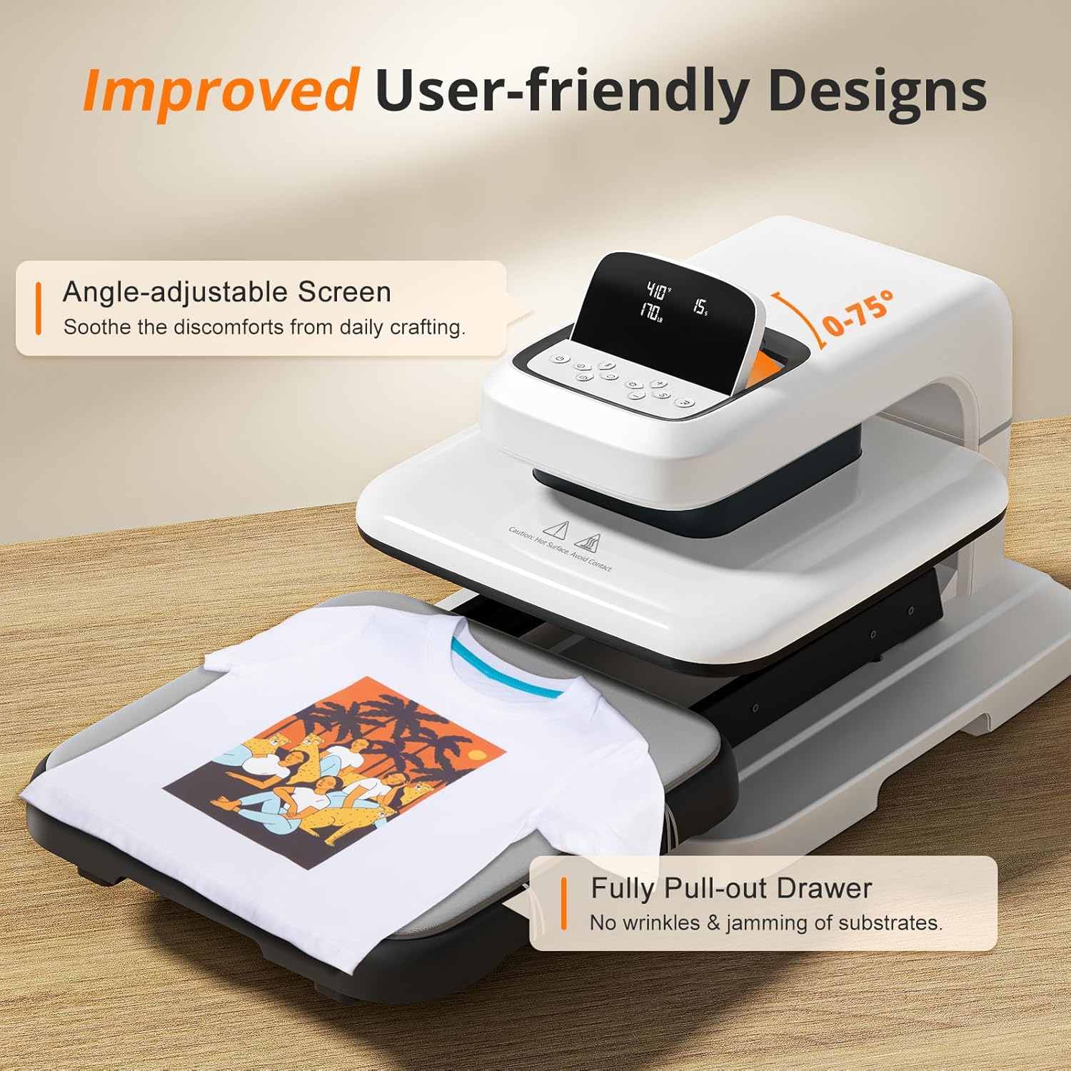 Heat press machine with t-shirt on a wooden surface, featuring text about improved user-friendly designs.