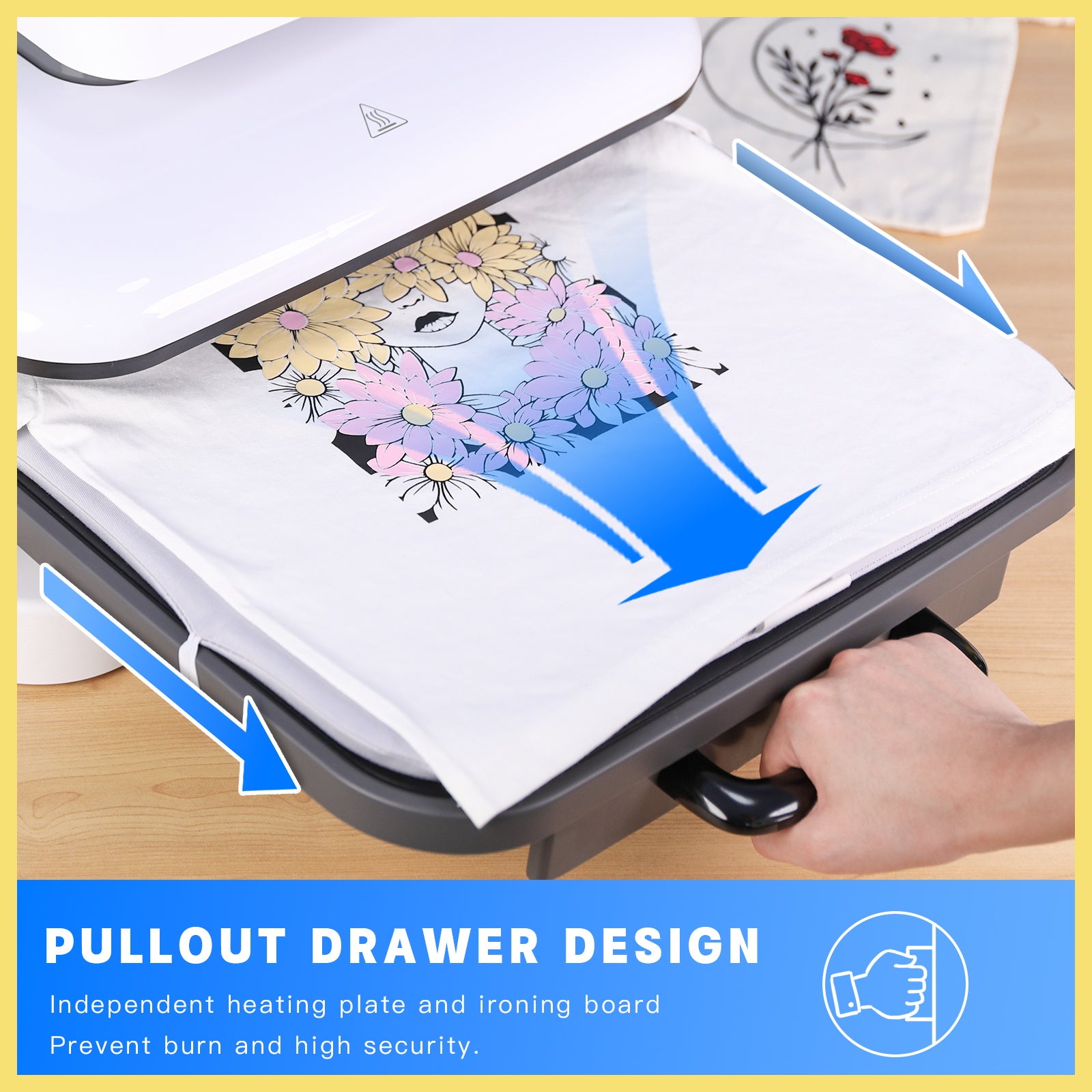 Heat press machine with pullout drawer design on a wooden surface