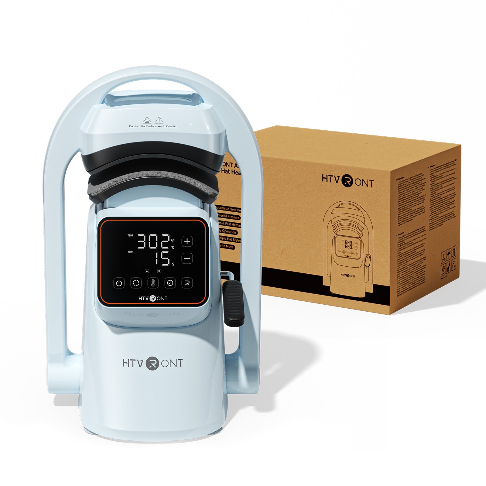 Blue Hat Press with digital display and brown packaging box on a white background