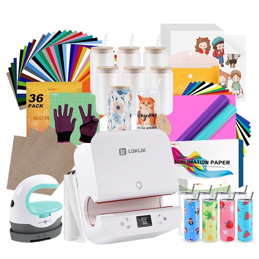 [All-in Bundle]Auto Tumbler Heat Press Machine+All-in Bundle(Sublimation Paper*150+Tumbler Blanks 20oz*8 +Glass 16oz*8+Mini Heat Press 2 Machine+Sticker Paper*20+White Glitter HTV+Permanent Vinyl*14+Tools≥￡255)
