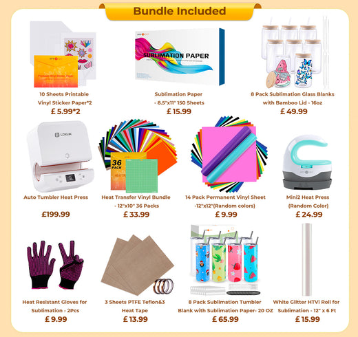 [All-in Bundle]Auto Tumbler Heat Press Machine+All-in Bundle(Sublimation Paper*150+Tumbler Blanks 20oz*8 +Glass 16oz*8+Mini Heat Press 2 Machine+Sticker Paper*20+White Glitter HTV+Permanent Vinyl*14+Tools≥￡255)