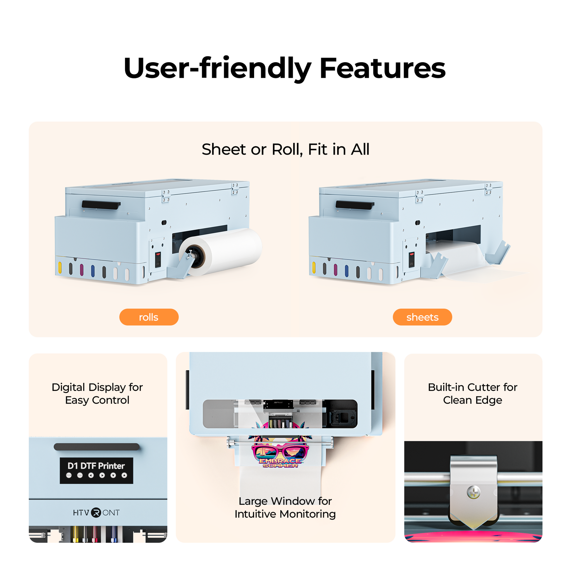 HTVRONT D1 DTF Printer Standard Kit( Includes DTF Ink 250ml x 6, Transfer Film Roll 13"x328ft, DTF Cleaner Ink 250ml*4, Flight Box)