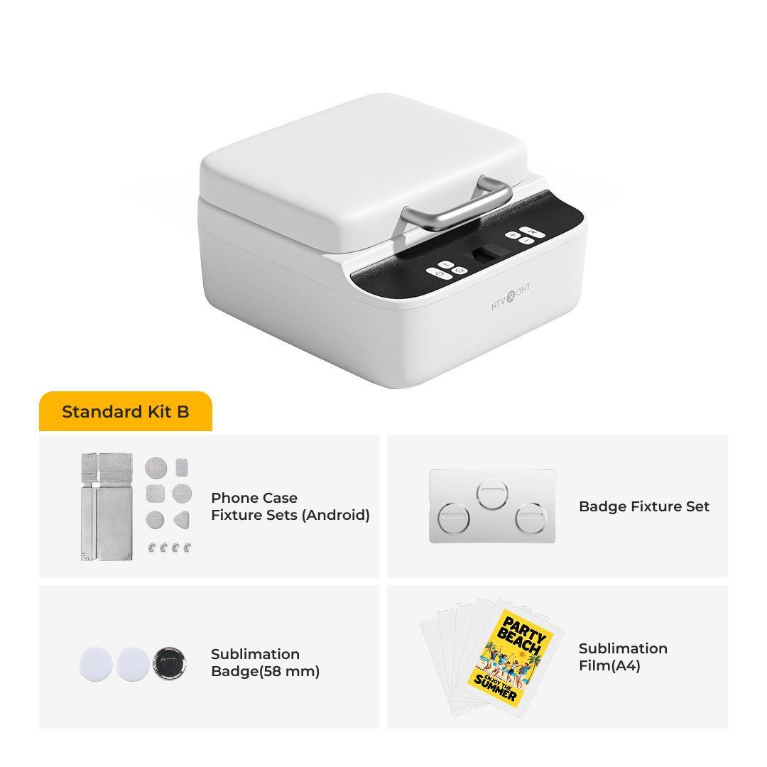 White phone case heat press with accessories on a white background