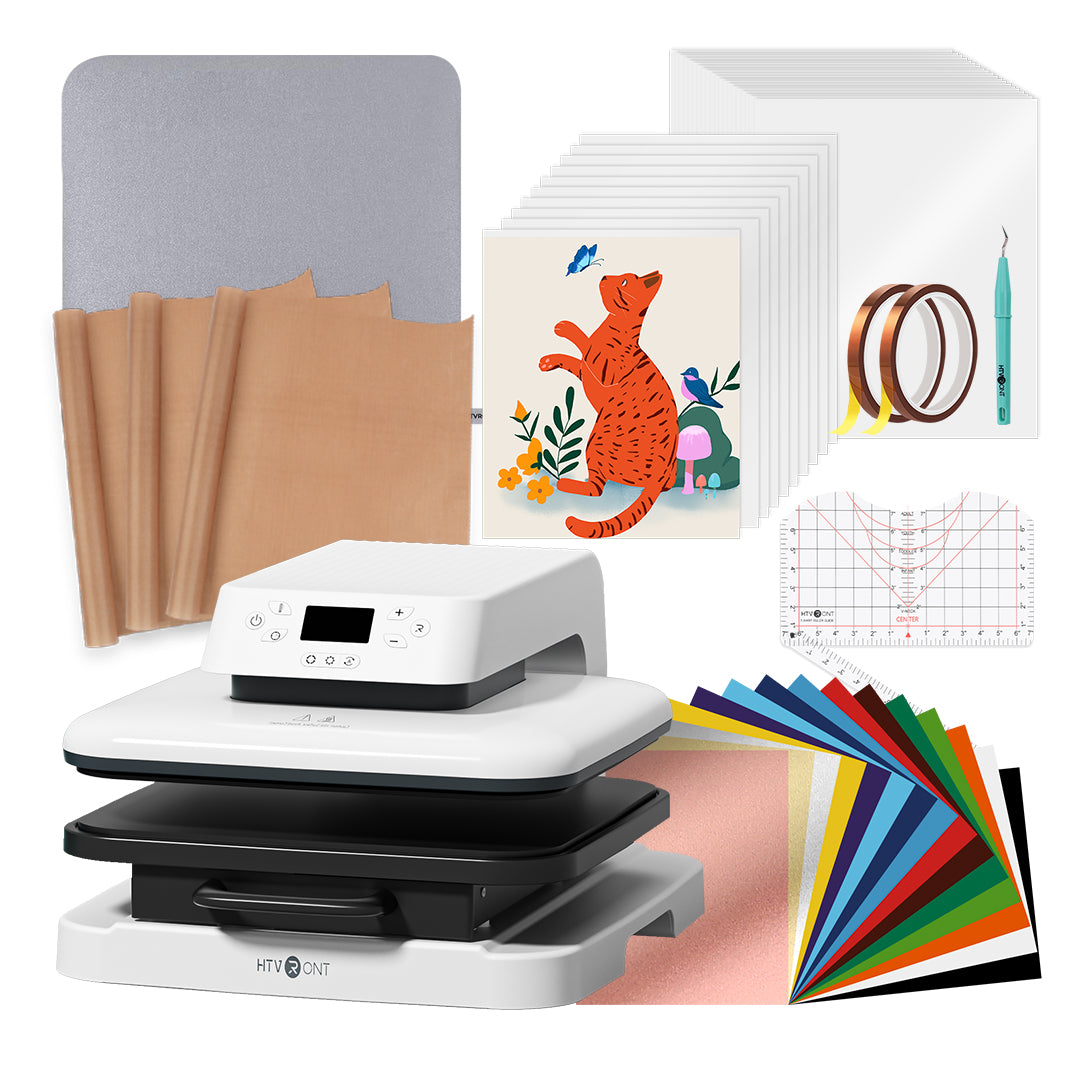 Heat press machine with various materials and supplies on a white background