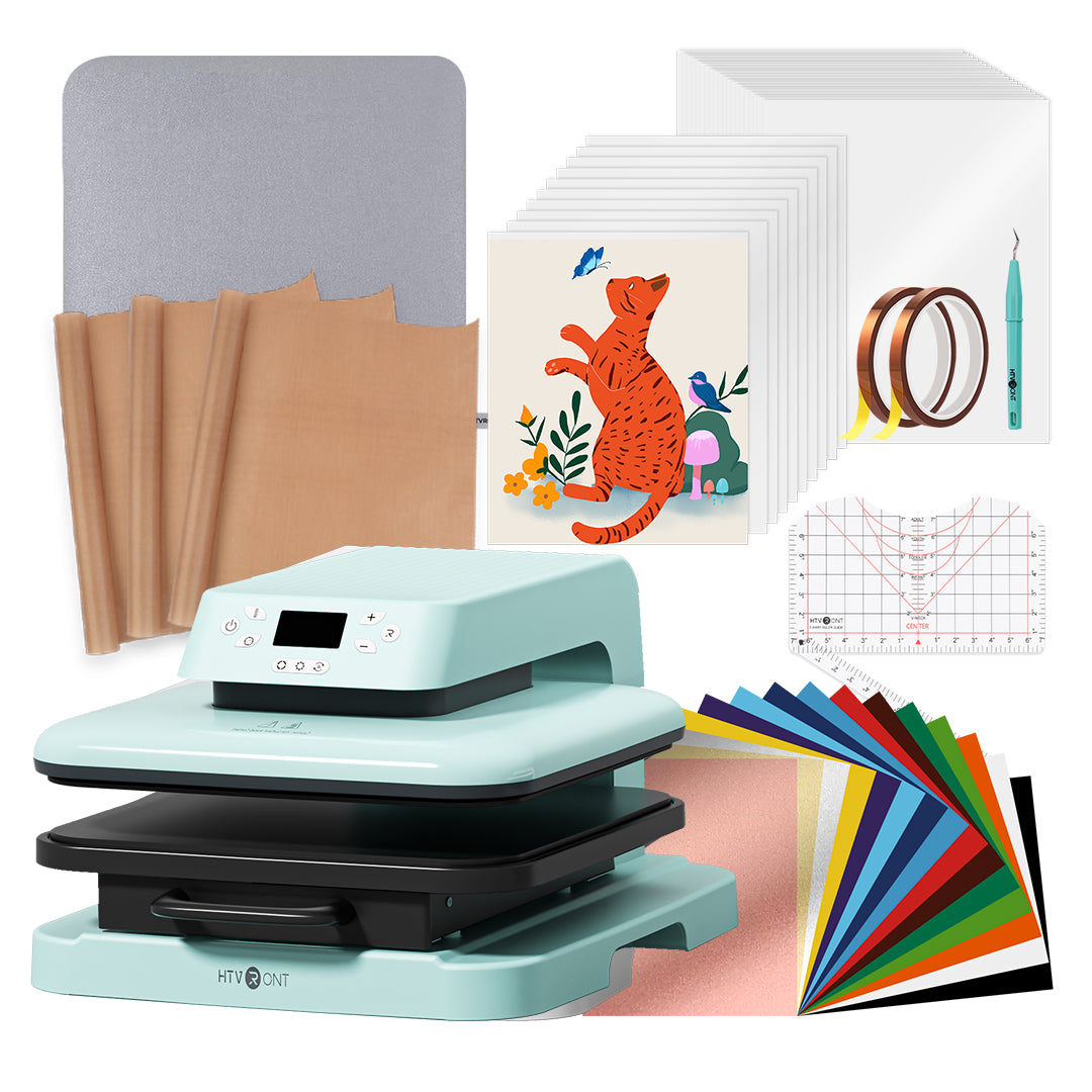 Collage of a teal heat press machine with various materials and supplies on a white background