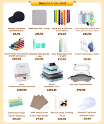 [All in one]HTVRONT Auto Heat Press 2+Tumbler Heat Press+Hat Heat Press+All in One Bundle(Multicolor HTV Roll*20+150 sheets Sublimation Paper A4+Sublimation HTV Roll+PUFF HTV*8+Tumbler Blanks*4+Canvas Bags*6+Cap*2+Tools≥237 ￡)
