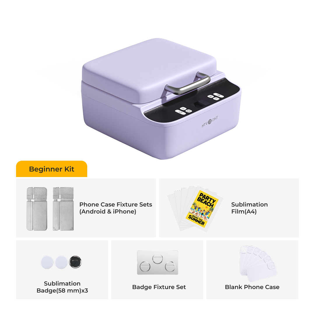 Purple sublimation machine with beginner kit contents on a white background