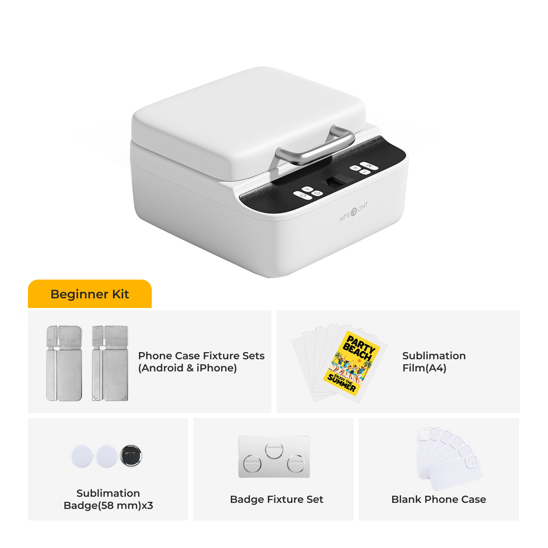 White H17 phone case heat press with beginner kit components on a white background