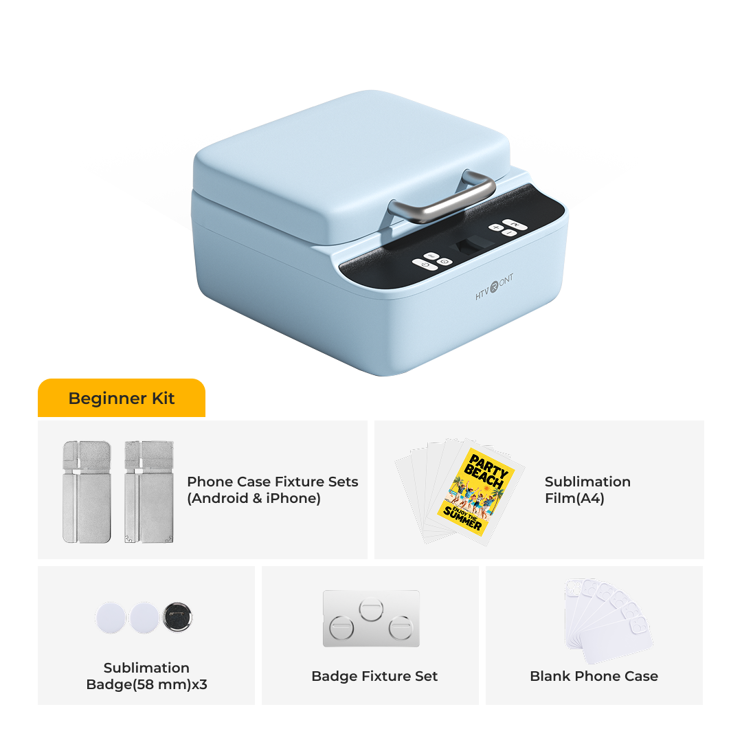 Light blue phone case heat press machine with accessories on a white background