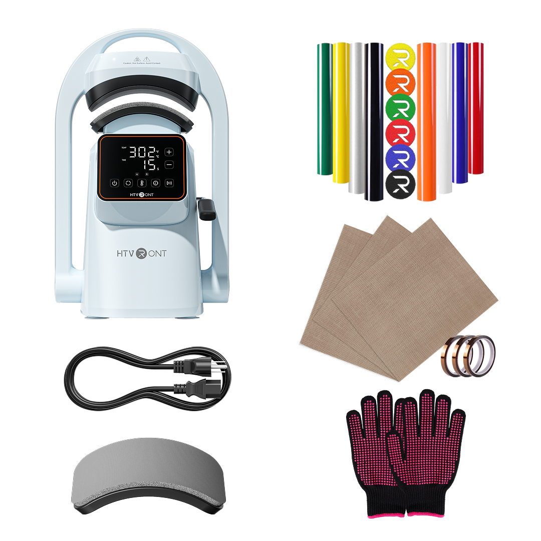 Collection of Hat heat press machine accessories including a digital controller, gloves, platen, and various small items