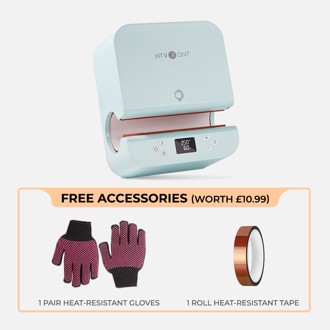 Light blue HTVOnt heat press machine with free accessories on a white background