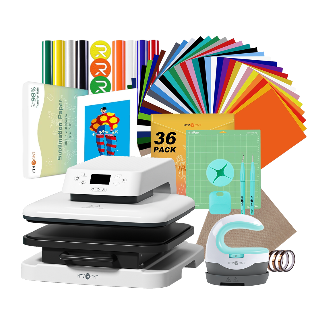 White heat press machine with various heat transfer materials on a white background