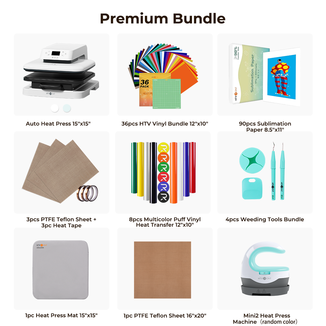 Premium Bundle with various items including a heat press, vinyl, and tools on a white background.