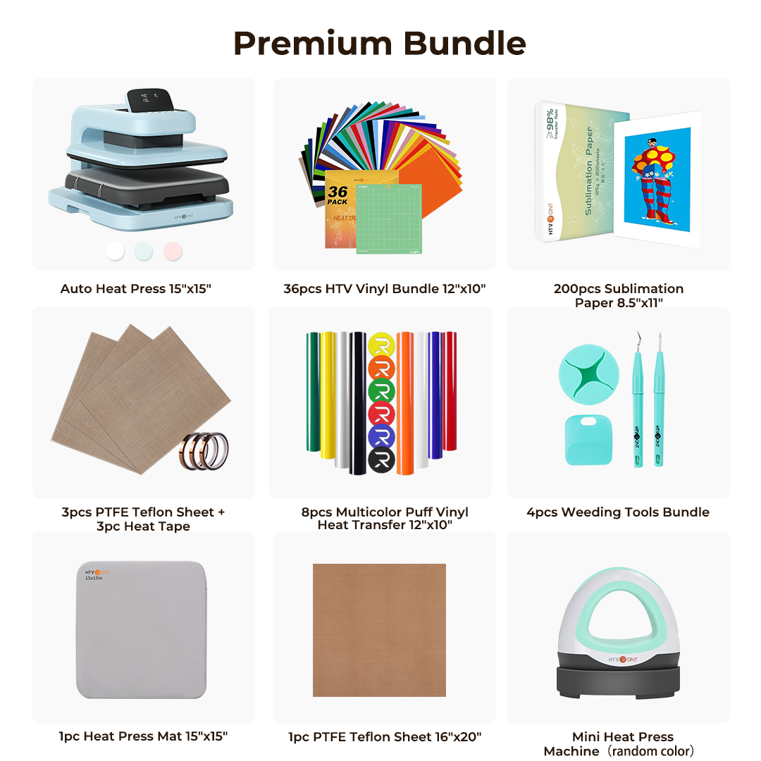 Premium Bundle with various items including a heat press, vinyl, and tools on a white background.