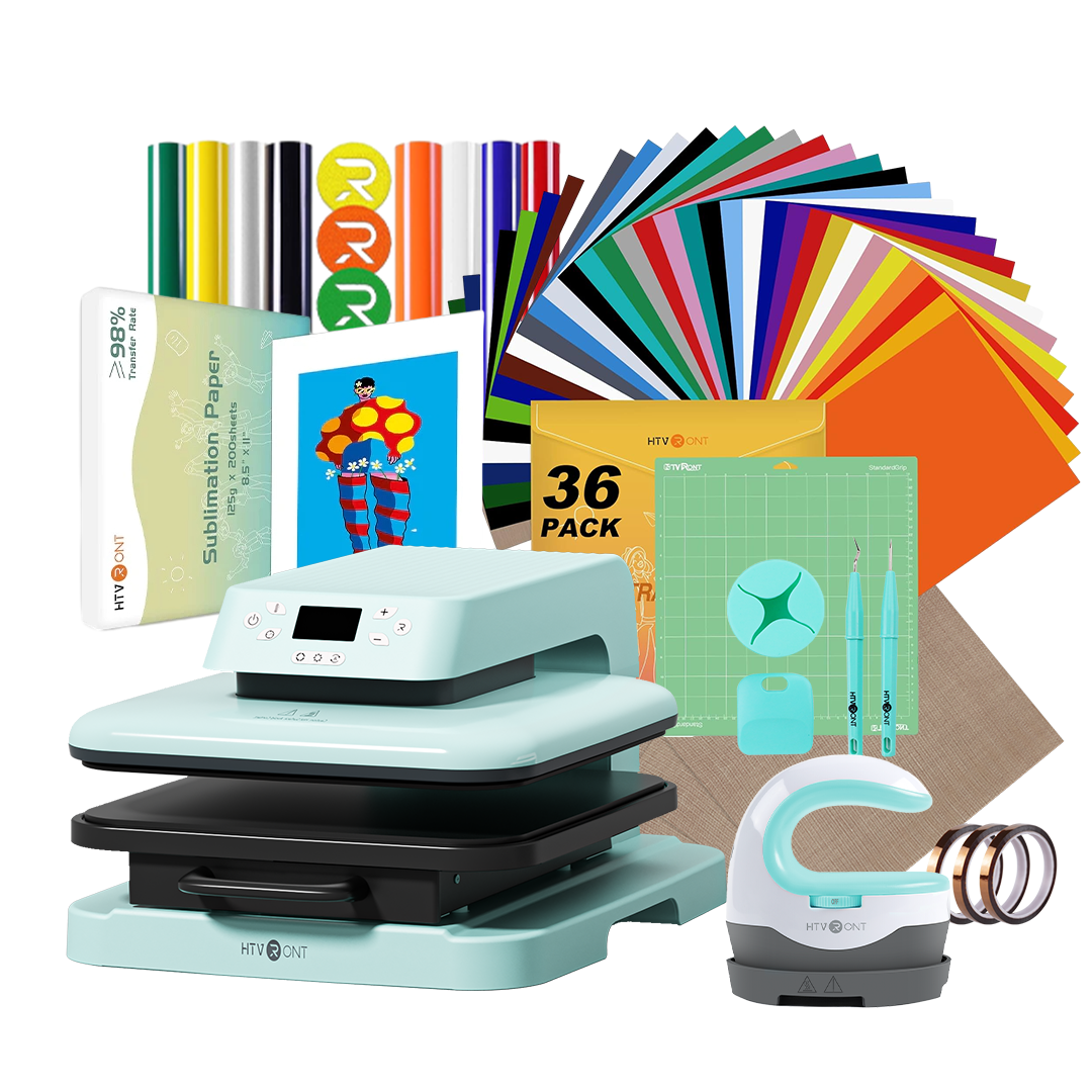 Turquoise heat press machine with colorful vinyl sheets and accessories on a white background