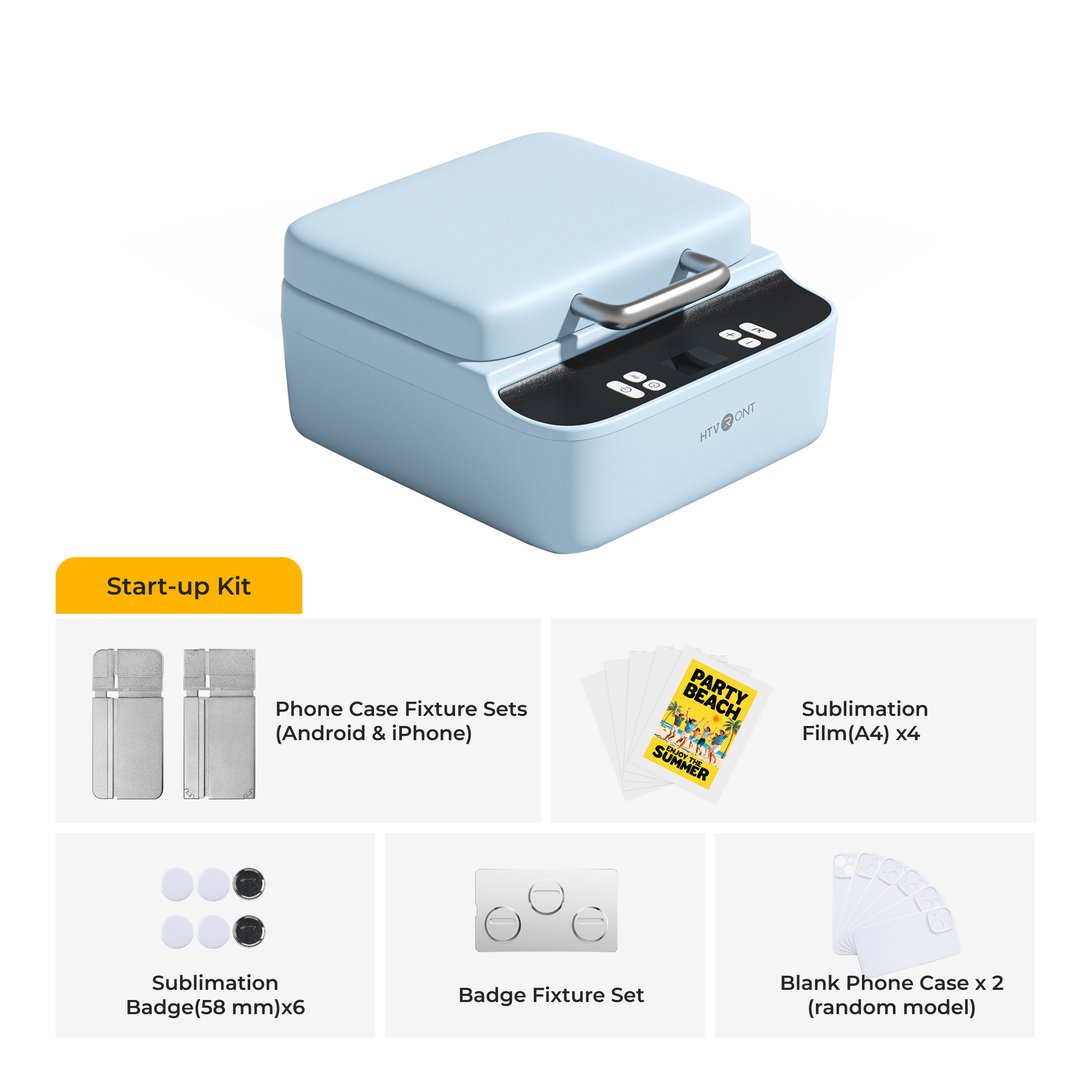 Light blue phone case heat press with accessories on a white background