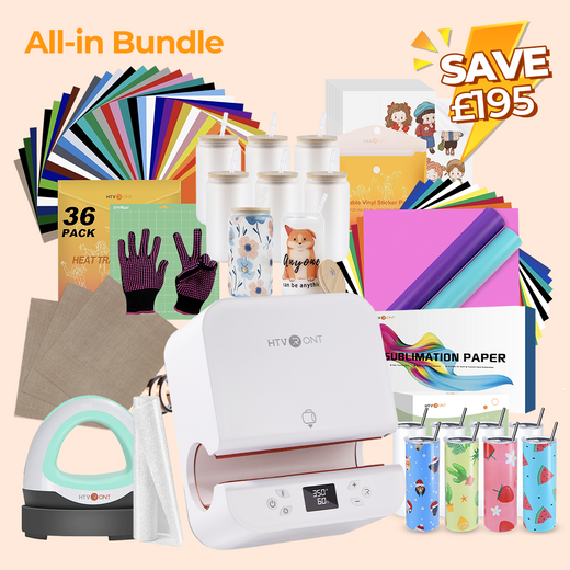 [All-in Bundle]Auto Tumbler Heat Press Machine+All-in Bundle(Sublimation Paper*150+Tumbler Blanks +Mugs+Mini Heat Press 2 Machine+Sticker Paper*20+White Glitter HTV+Permanent Vinyl*14+Tools≥￡255) - Shipping on Nov. 3