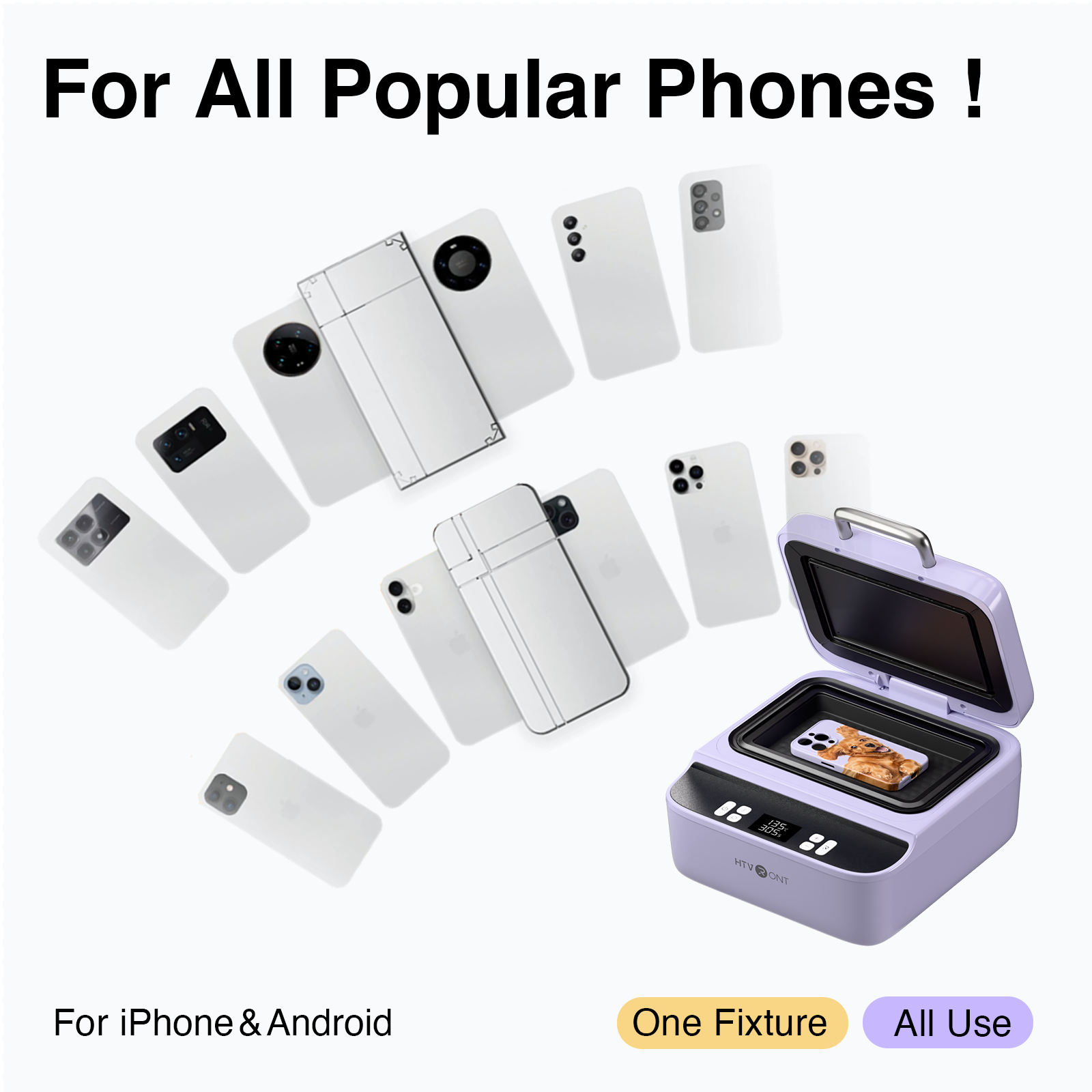 Phone heat press with text indicating compatibility for various phone models on a white background