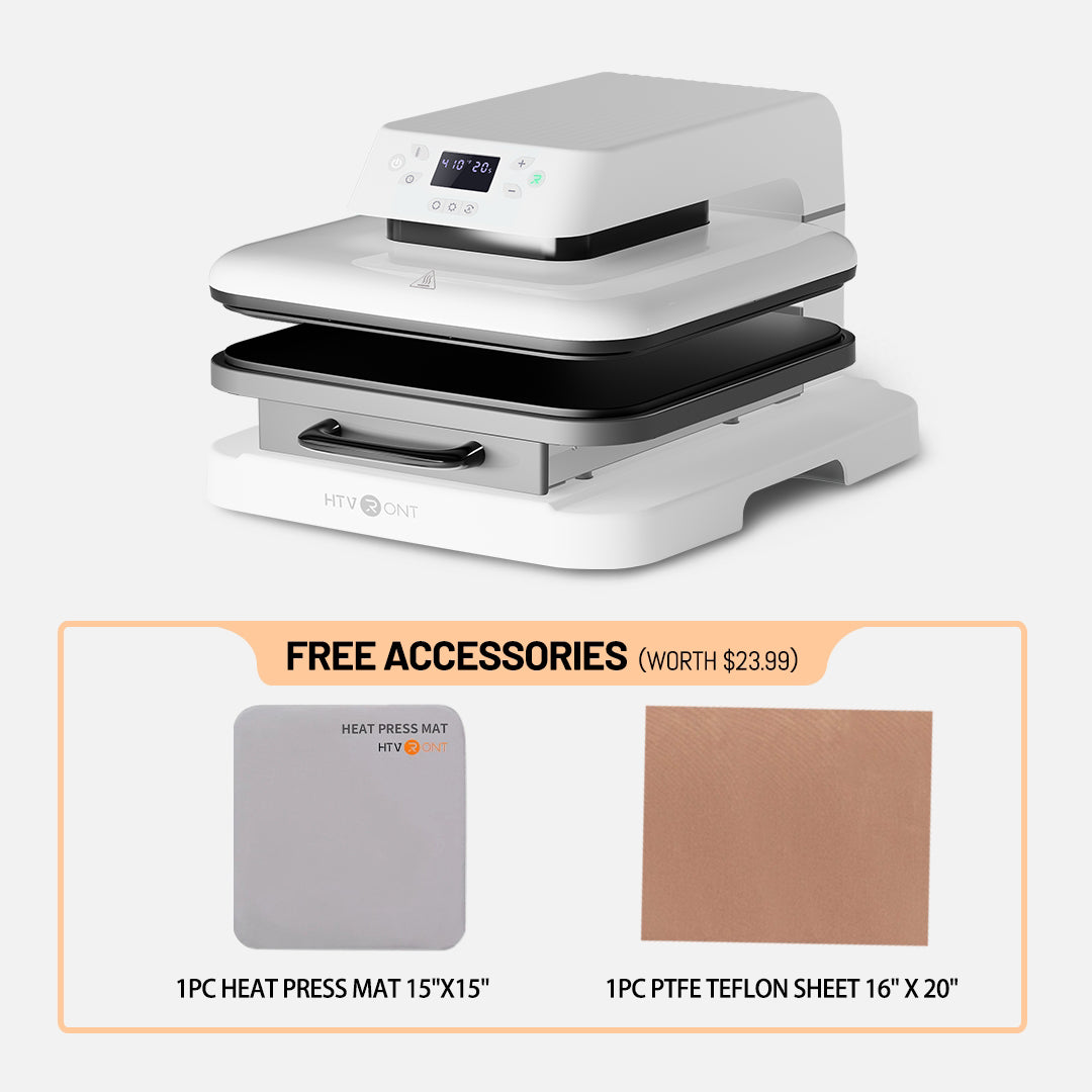 Heat press machine with free accessories on a white background