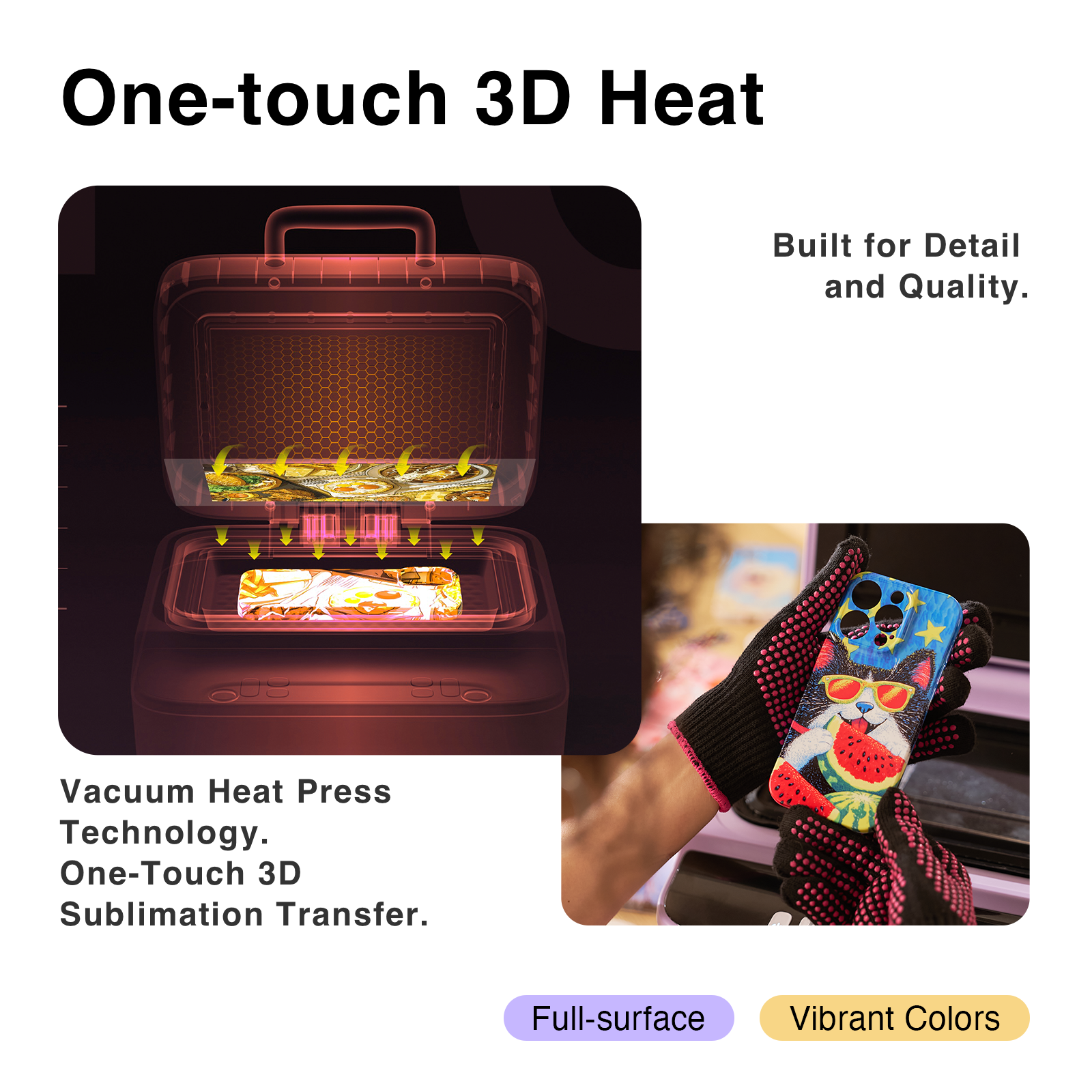 Vacuum heat press machine with a phone case being printed, highlighting 3D heat transfer technology.