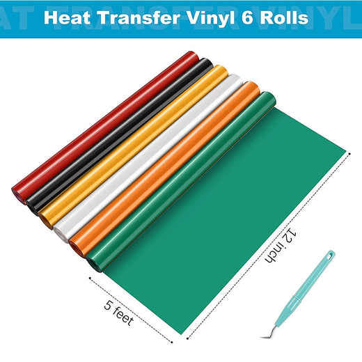 Heat Transfer Vinyl Bundle - 12"x5 Ft (6 Assorted Colors）
